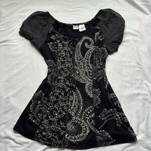 Bila Black and Silver Y2K paisley print top with rhinestone detail polka dots